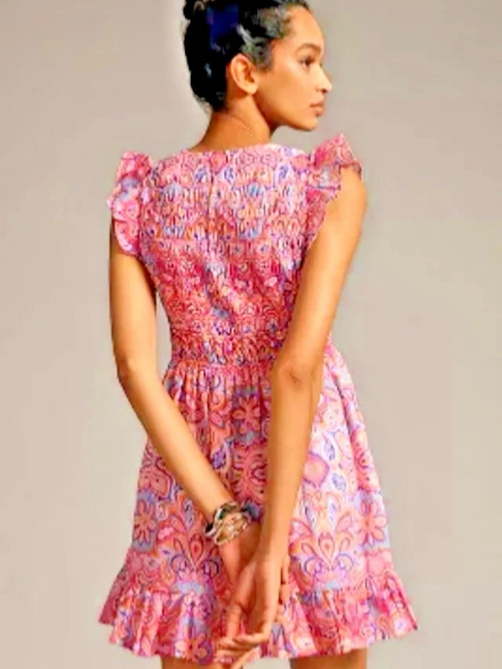 Anthropologie Peregrine Smocked Ruffled Pink Floral V-Neck Mini Dress SMALL - Picture 2 of 14